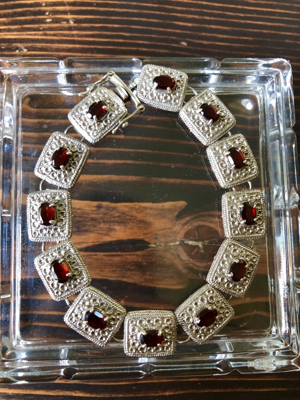 925 Silver Antique Style Bracelet with Red Garnets